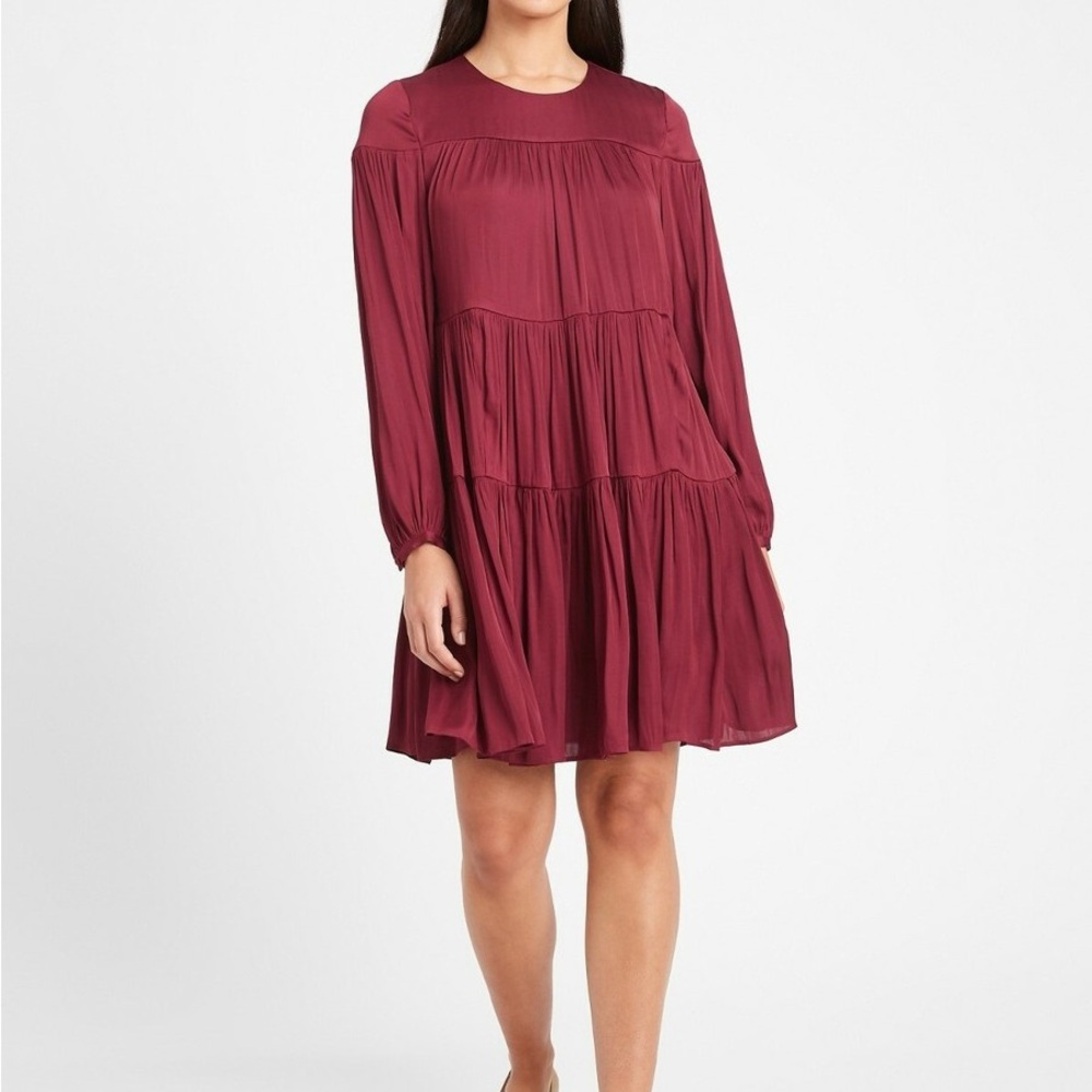 Banana Republic Satin Tiered Dress,Mulled Cranberry Red